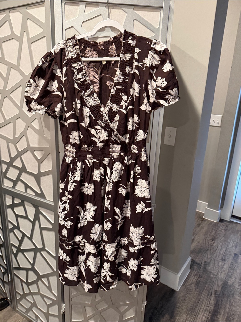 Floral Brown Midi Wrap Dress with Puff Sleeves